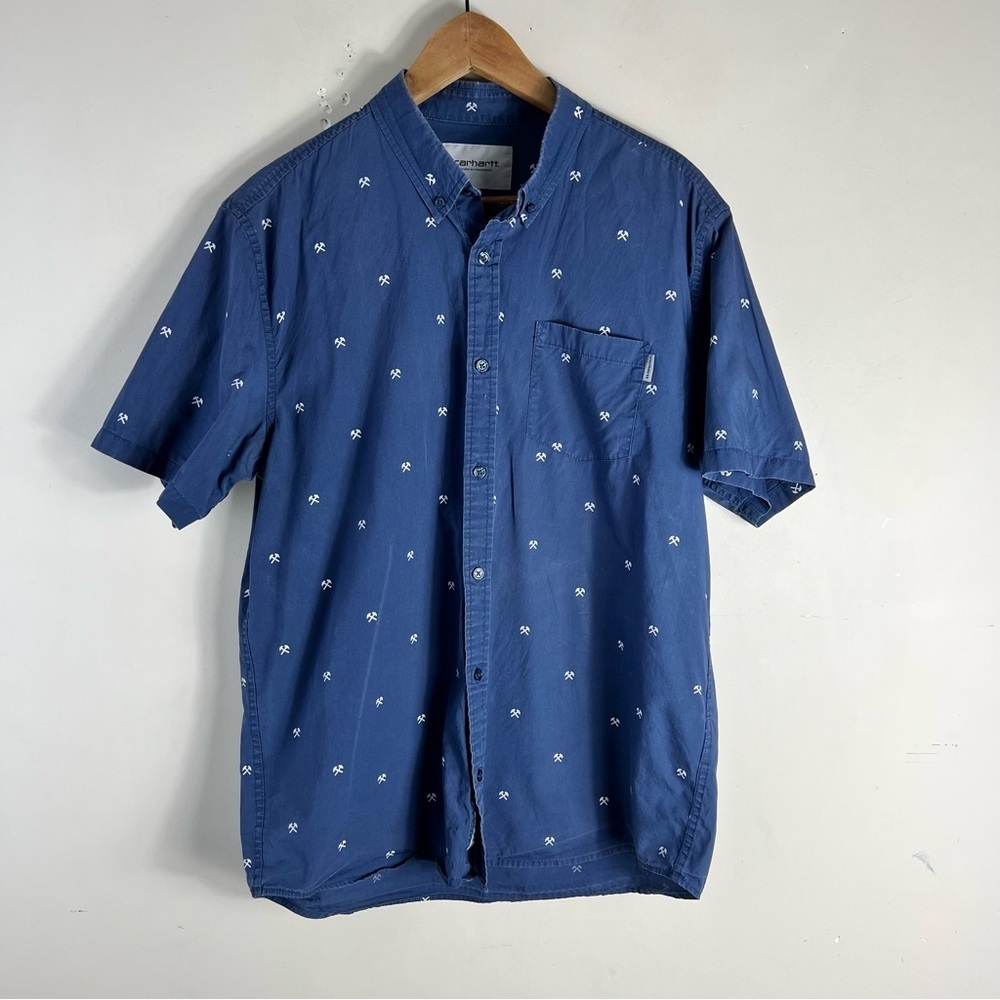Carhartt Menโs WIP Drop Cap Shirt Blue Cotton Printed Size Large Hammer Shirt